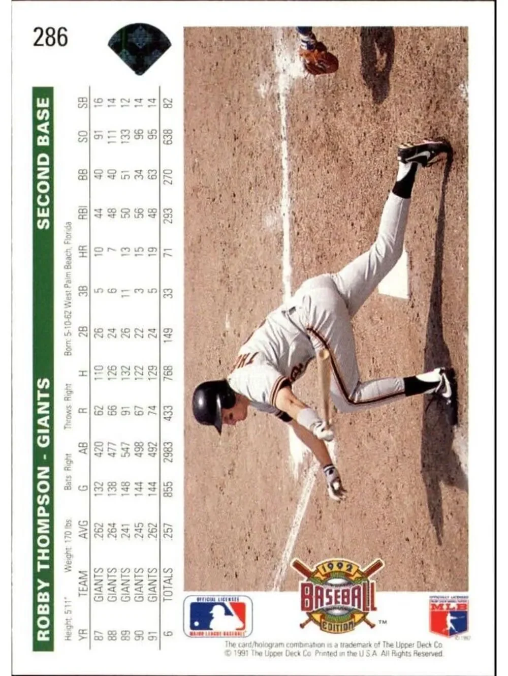 Robby Thompson 1992 Upper Deck MLB #286 Baseball Card San Francisco Giants